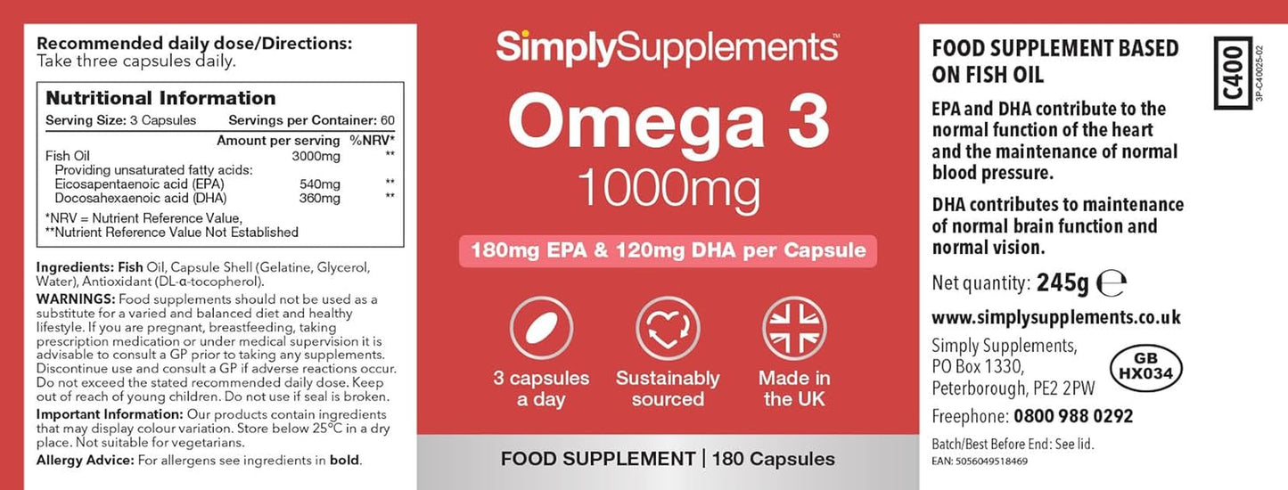Pure Omega 3 1000Mg Capsules | Supports Heart, Brain & Eye Health | Rich in Omega 3 Fatty Acids | 540Mg of EPA and 360Mg of DHA per Serving | 180 Capsules = 2 Months’ Supply | Made in the UK