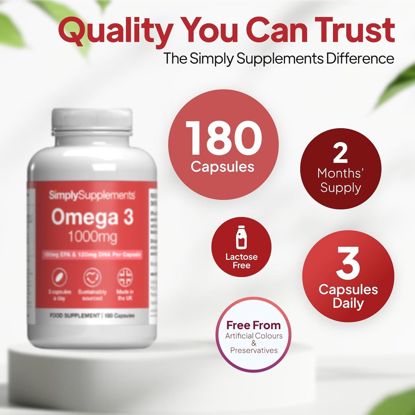 Pure Omega 3 1000Mg Capsules | Supports Heart, Brain & Eye Health | Rich in Omega 3 Fatty Acids | 540Mg of EPA and 360Mg of DHA per Serving | 180 Capsules = 2 Months’ Supply | Made in the UK