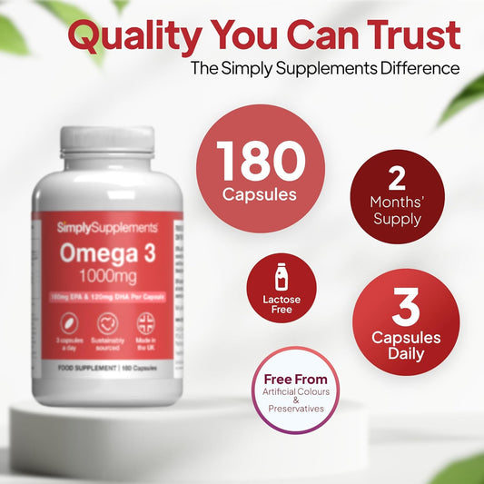 Pure Omega 3 1000Mg Capsules | Supports Heart, Brain & Eye Health | Rich in Omega 3 Fatty Acids | 540Mg of EPA and 360Mg of DHA per Serving | 180 Capsules = 2 Months’ Supply | Made in the UK
