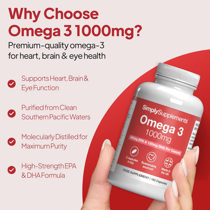 Pure Omega 3 1000Mg Capsules | Supports Heart, Brain & Eye Health | Rich in Omega 3 Fatty Acids | 540Mg of EPA and 360Mg of DHA per Serving | 180 Capsules = 2 Months’ Supply | Made in the UK