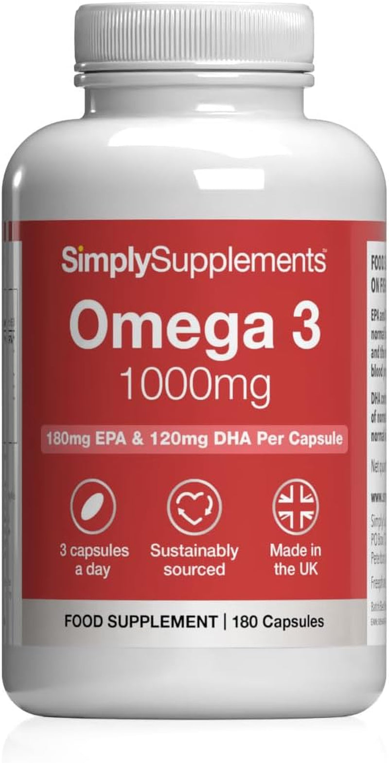 Pure Omega 3 1000Mg Capsules | Supports Heart, Brain & Eye Health | Rich in Omega 3 Fatty Acids | 540Mg of EPA and 360Mg of DHA per Serving | 180 Capsules = 2 Months’ Supply | Made in the UK