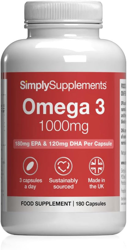 Pure Omega 3 1000Mg Capsules | Supports Heart, Brain & Eye Health | Rich in Omega 3 Fatty Acids | 540Mg of EPA and 360Mg of DHA per Serving | 180 Capsules = 2 Months’ Supply | Made in the UK